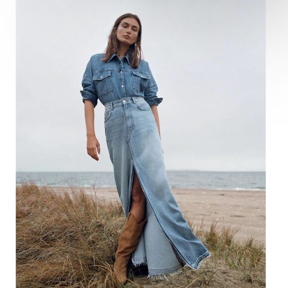 Zara Jean Denim Maxi Skirt Y2K High Waist Distressed Raw Hem Front Slit Skirt - Picture 2 of 11